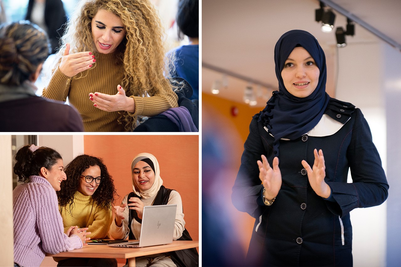 Three different images showing young women in discussions.