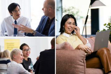 A photo collage showing people conversating and a woman in a online meeting.