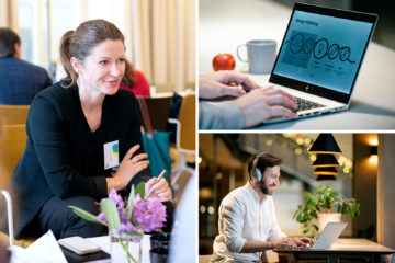 A photo collage showing a woman in a converastion, a man in front of a lap top in an online session and hands typing on a laptop.