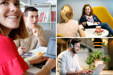 A photo collage showing men and women conversating and in front of a computer.