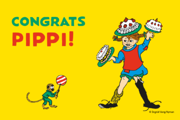The illustration aims to highlight the 75th anniversarie of Pippi Longstocking. Pippi holds three cakes, one on her head and one in each hand. On the side is Mr Nilsson with a huge lollipop.