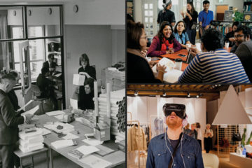 Tre bilder som illustrerar SI genom åren. Den första från 60-talet i svartvitt, de två andra i färg visar några studenter samt en man med VR-glasögon.