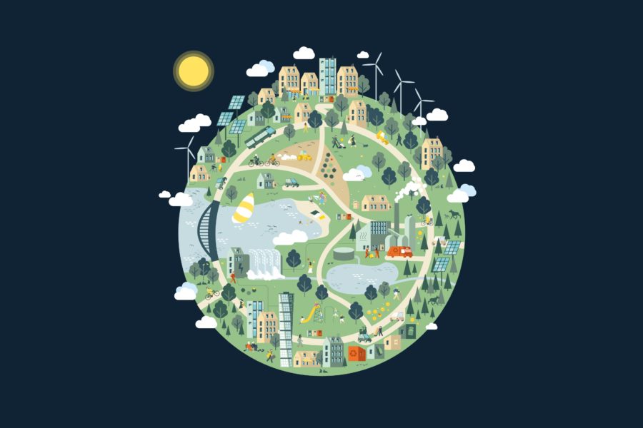 An illustration on the Globe showing a holistic world with renewable energy sources, sharing ecenomy, energy recovery and waste management systems. 