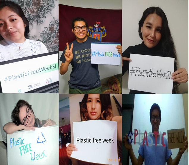 Pictures of alumni from digital meeting. Every alumni holding up a sign with #plasticfreeweek