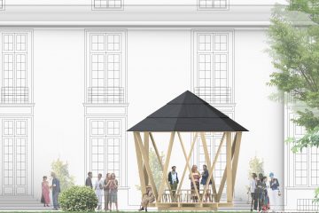 Ritning av träpaviljongen och dess placering i trädgården