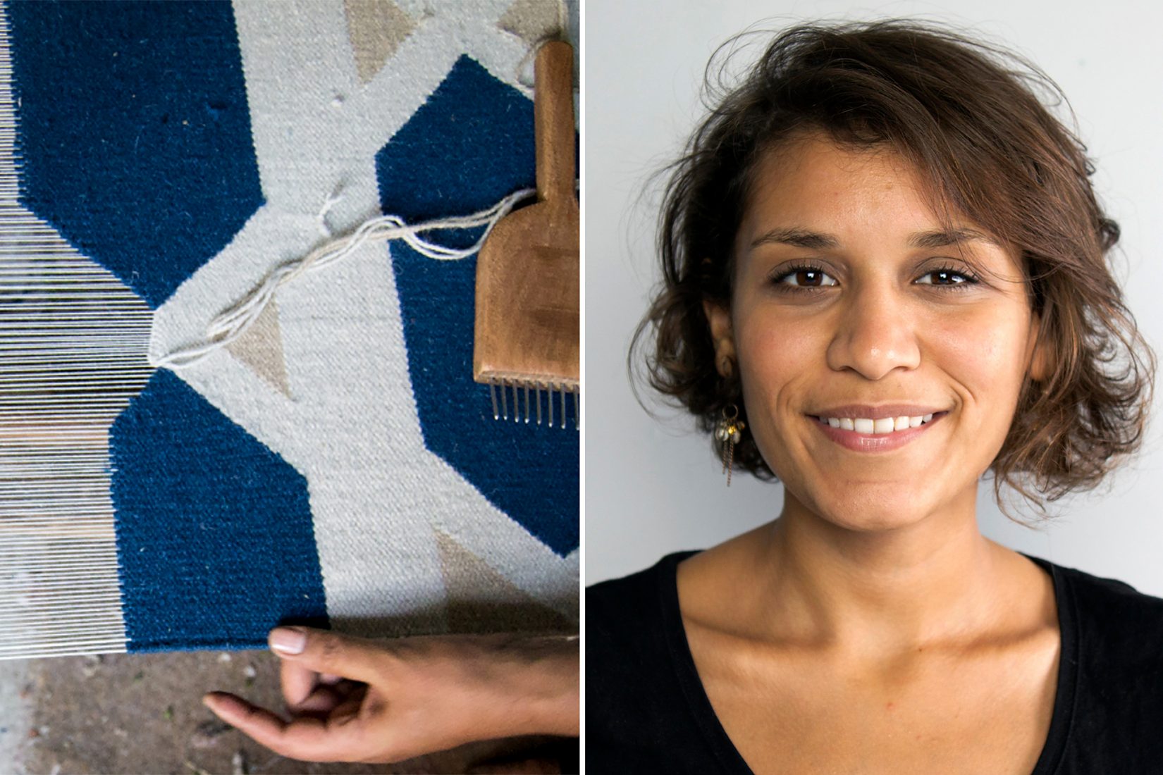 Two pictures: The first picture is showing a hand in action weaving a kilim patterned rug. The second picture is a headshot photo of a woman in short brown hair and brown eyes. She is wearing a black t-shirt. She is smiling.