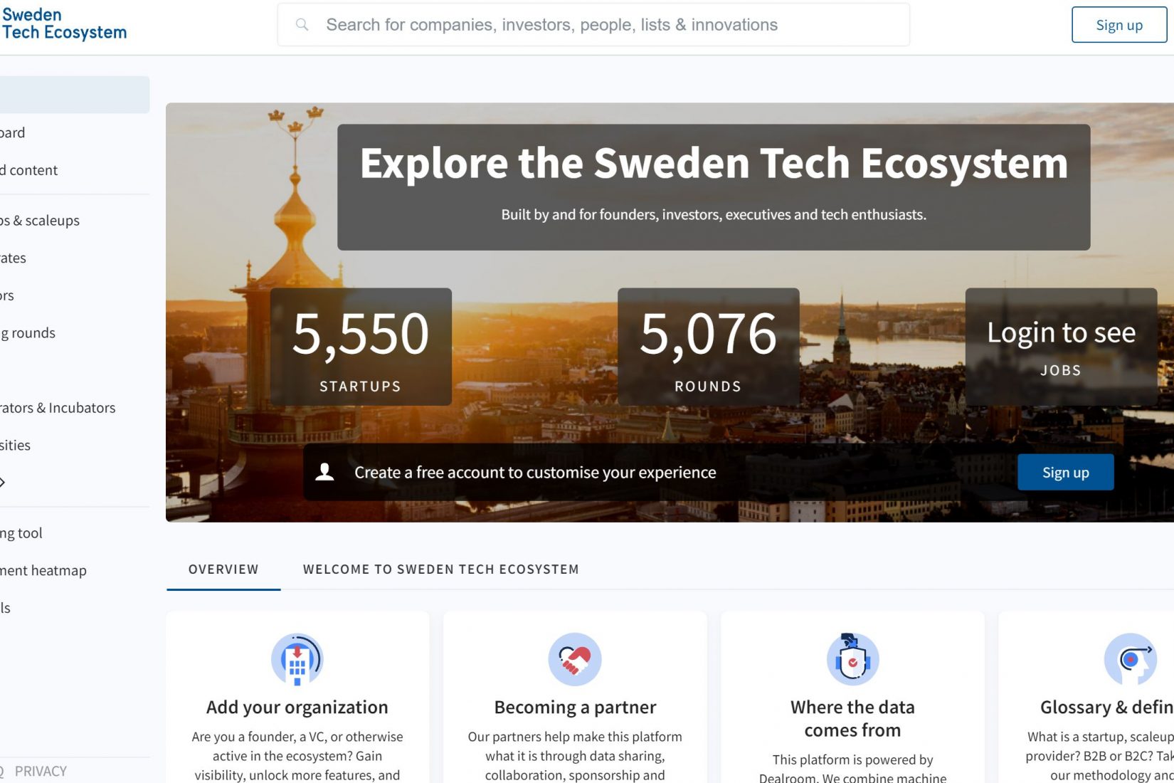 Bild på plattformen som visar första sidanmed texten "Explore the Sweden Tech Ecosystem"