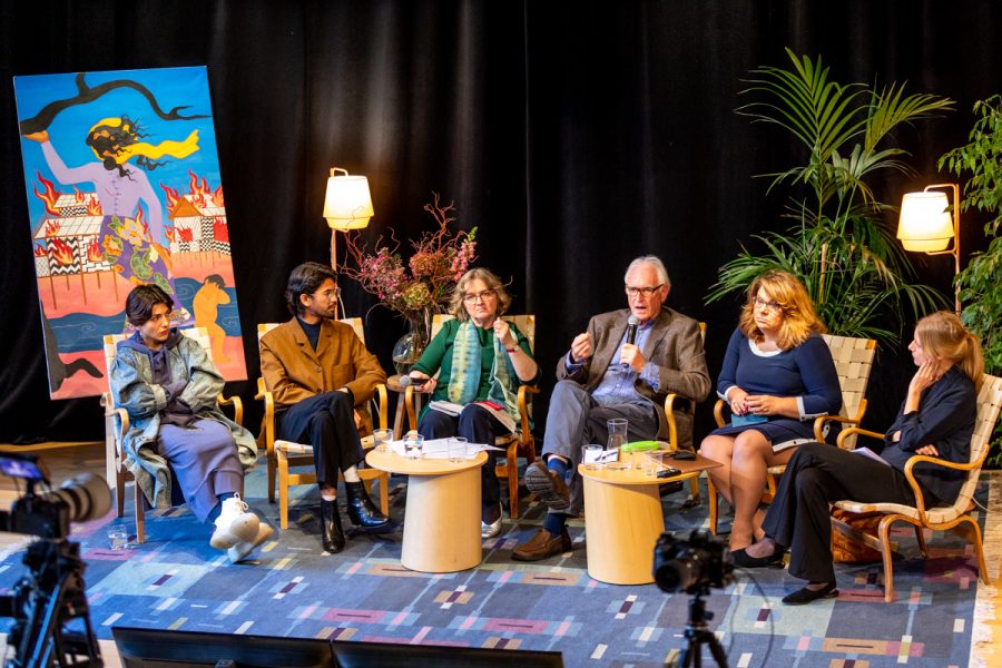 Justina, Richie Nath, Sara Whyatt, Ole Reitov, Alexandra Khantaki and Karin Hansson on stage for artistic freedom seminar