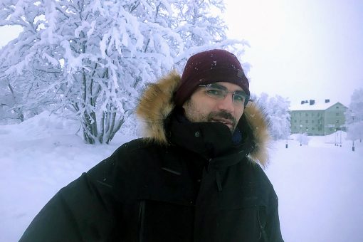 Harant Galstyan in a snowy landscape. in Kiruna in minus 24 degrees celsius, on January 9 2021.