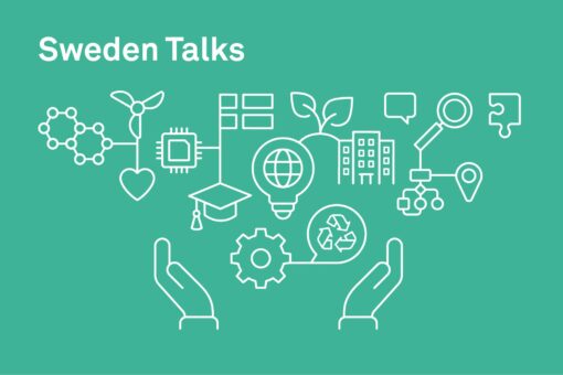 Graphic design with symbols and the text "Sweden Talks"