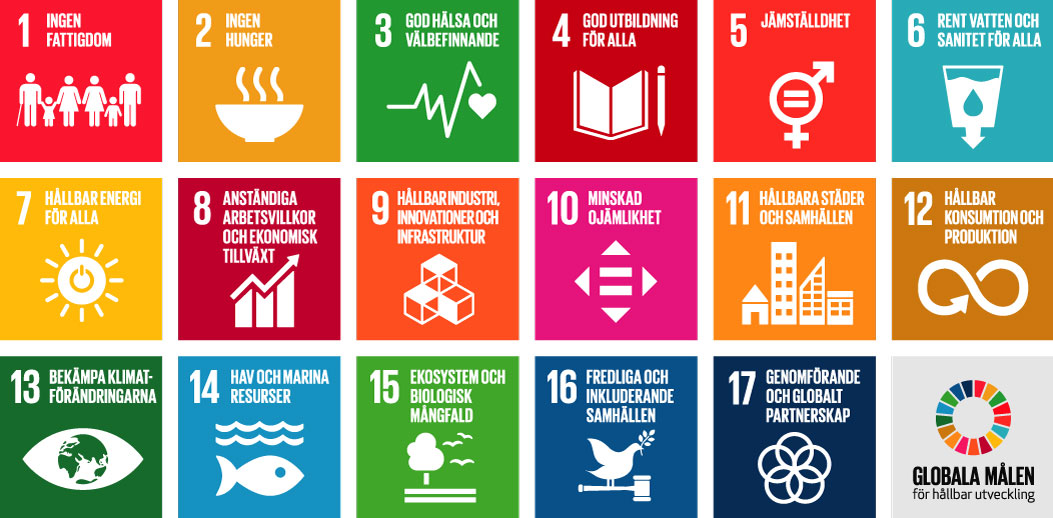 Grafisk bild som visar de 17 Globala Målen för hållbar utveckling.