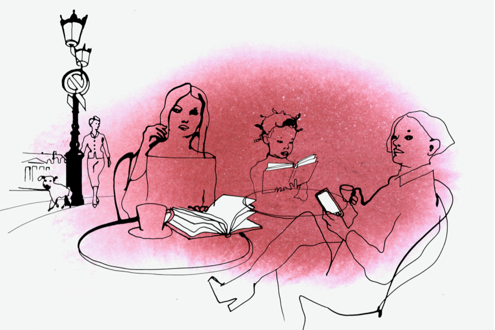 Teckning som föreställer tre personer som sitter och läser vid ett cafébord
