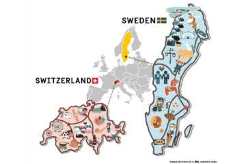 Bilden visar Sverige och Schweiz placering på Europakartan,