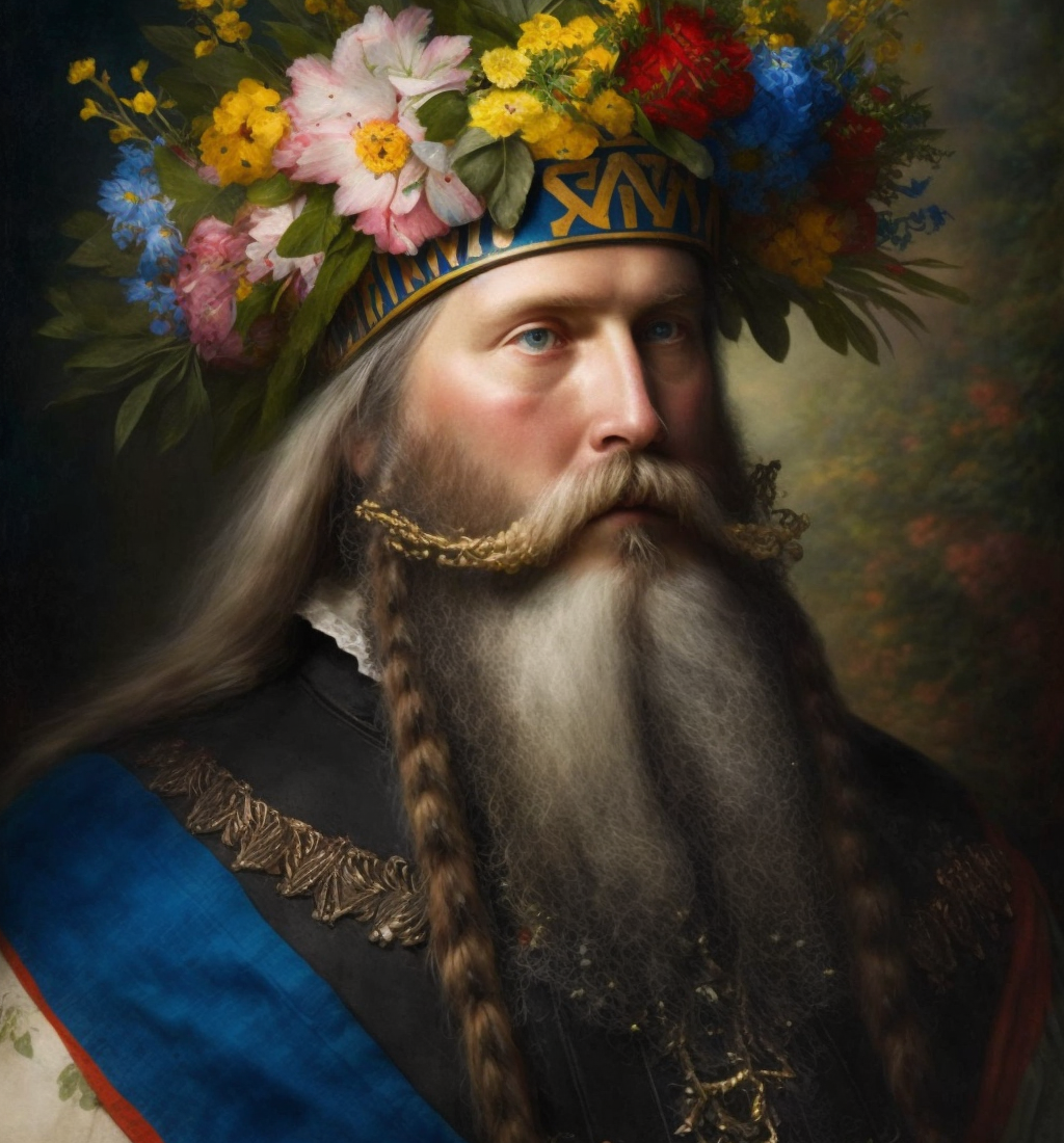 AI genererad bild av Gustav Vasa med blomsterkrans på huvudet