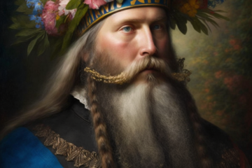 AI genererad bild av Gustav Vasa med blomsterkrans på huvudet