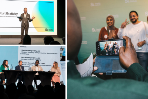 Collage of Kurt Bratteby on stage, student panel and scholarships taking a photo.