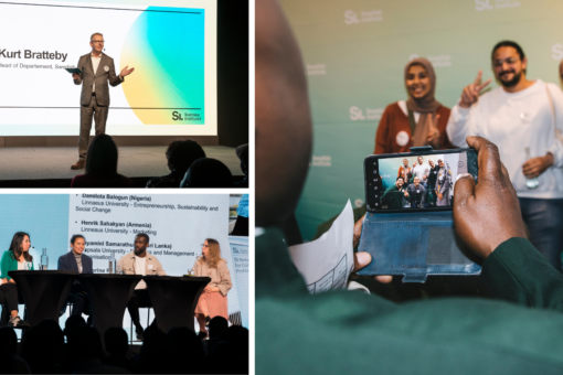 Collage of Kurt Bratteby on stage, student panel and scholarships taking a photo.