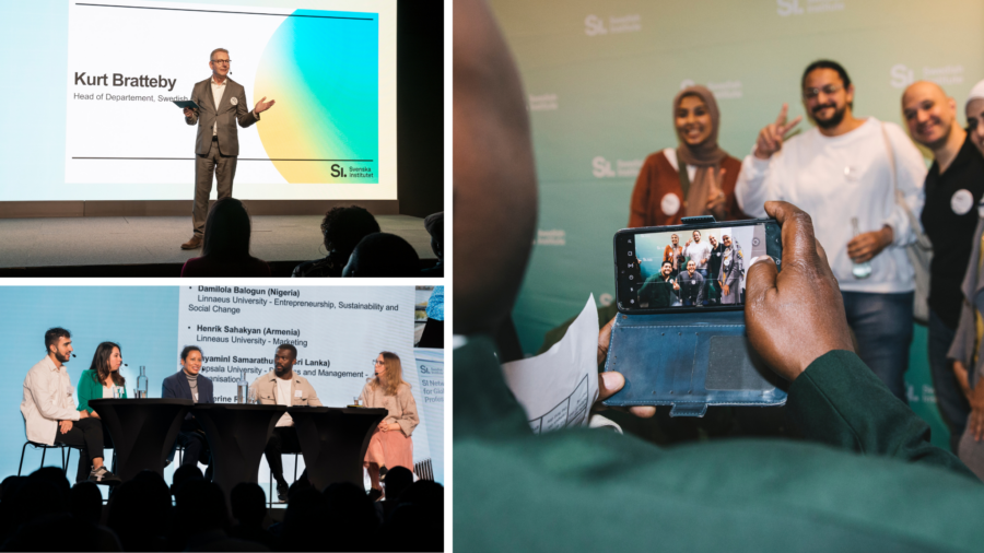 Collage of Kurt Bratteby on stage, student panel and scholarships taking a photo.