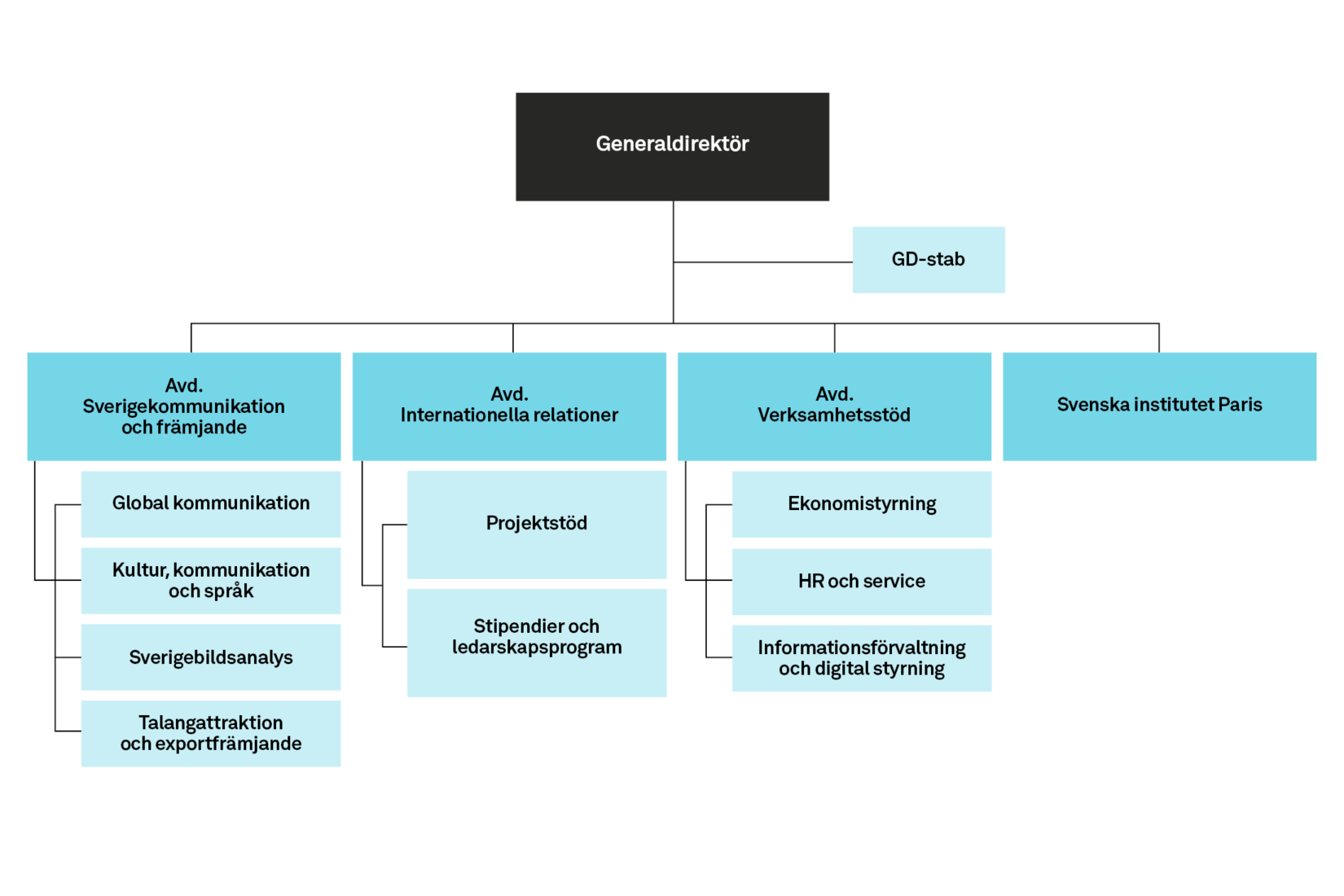 Ett organisationsschema som visar hur myndigheten Svenska institutet är organiserat: Styrt av en generaldirektör och indelat i avdelningar och enheter.