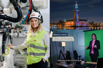 Collage med tre bilder som visar arbete och studier i Sverige. Till vänster står en kvinna i skyddsväst och hjälm framför en industrirobot med texten ”Work in Sweden”. Överst till höger syns Stadshuset i Stockholm upplyst med färgglad ljusprojektion nattetid. Nederst till höger håller Marcus Liwicki, professor i maskininlärning vid Luleå tekniska universitet, en digital föreläsning framför en green screen med texten ”Welcome to the lecture in AI”.