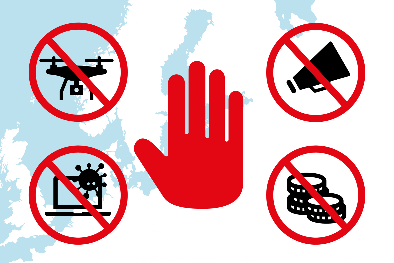 Karta över Östersjöregionen samt illustrationer som visar ett samarbete mot hybridhot.