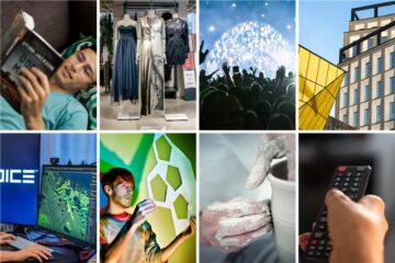 Ett kollage bestående av 8 bilder som representerar olika branscher inom kultur och kreativitet, t.ex. dataspel, design och litteratur.