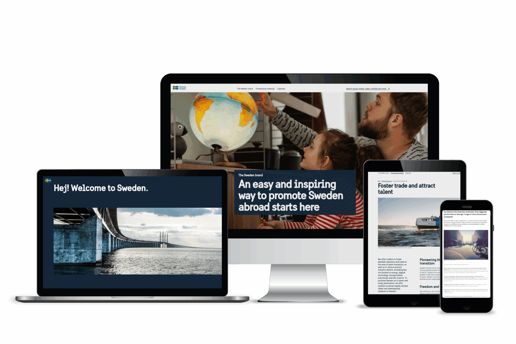 Digital screens of various sizes illustrate how you can access the Swedish Institute's newsletters.
