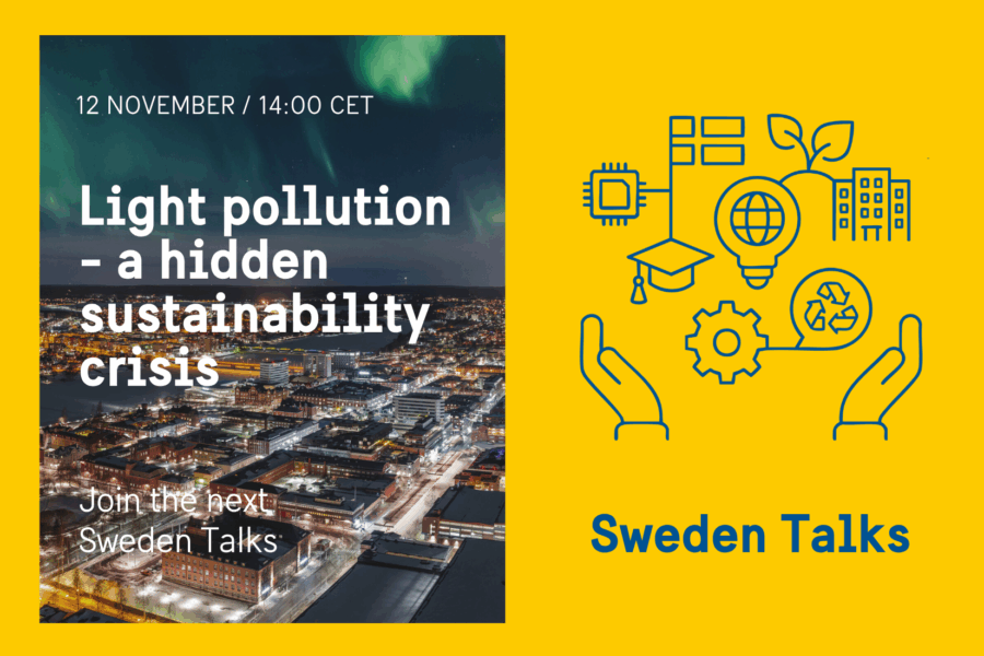 Graphic invitation of Sweden Talks. Aerial view of a city.