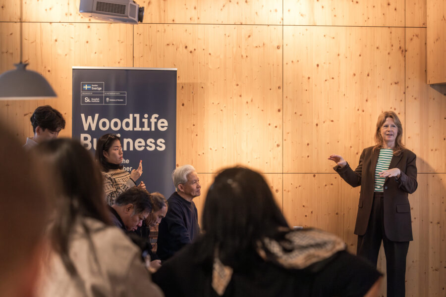 Woman stands in front of a group and talks.