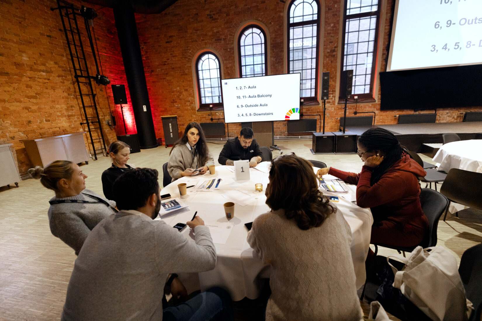 Medea Janjgava and other participants of Impact Pioneer '2025 A group of people sitting around a table talking.